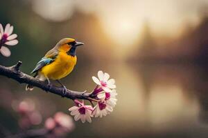 photo wallpaper the sky, bird, flowers, water, nature, spring, bird, spring,. AI-Generated