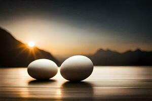 two eggs are sitting on a table with the sun setting behind them. AI-Generated photo