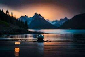 un pelota se sienta en el apuntalar de un lago a puesta de sol. generado por ai foto