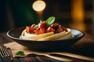 a bowl of pasta with strawberries and basil. AI-Generated photo