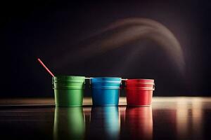 three colorful buckets with straws on a table. AI-Generated photo