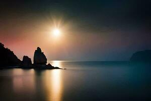 the sun is setting over the ocean and two rocks. AI-Generated photo