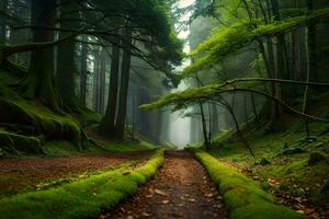 a path through a forest with trees and moss. AI-Generated photo