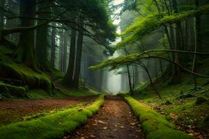 un camino mediante un bosque con arboles y musgo. generado por ai foto