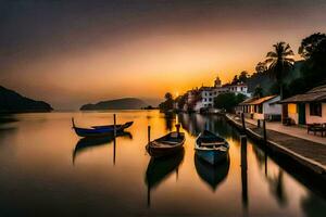 boats docked at the shore of a lake during sunset. AI-Generated photo