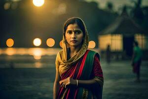 a woman in a sari stands in front of a light. AI-Generated photo