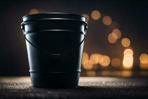 a black bucket sitting on a table in front of a blurry background. AI-Generated photo