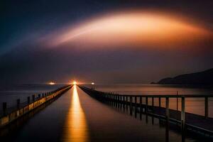 a long pier with a rainbow over it. AI-Generated photo