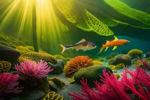 fish swimming in the ocean with coral and algae. AI-Generated photo