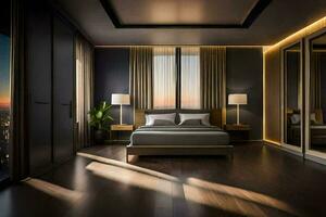 un moderno dormitorio con un grande cama y de madera pisos generado por ai foto