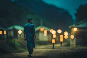 un hombre caminando abajo un suciedad la carretera a noche. generado por ai foto