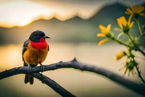 a colorful bird sits on a branch near a lake. AI-Generated photo