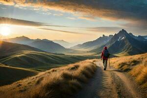 a person walking on a dirt road in the mountains. AI-Generated photo