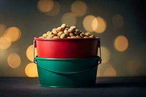 a bucket of peanuts on a table with a bokeh background. AI-Generated photo
