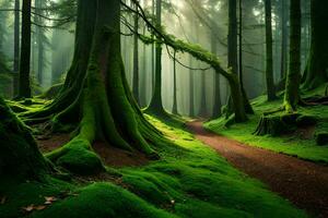 un camino mediante un verde bosque con cubierto de musgo arboles generado por ai foto