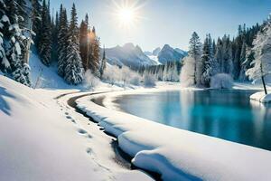 un Nevado lago rodeado por arboles y nieve. generado por ai foto