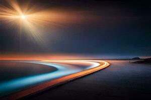 a long exposure photograph of a beach at night. AI-Generated photo