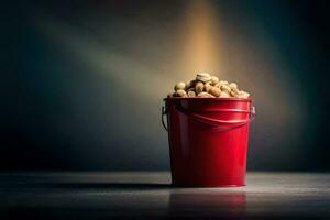 a red bucket filled with peanuts on a dark table. AI-Generated photo