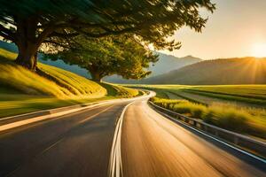 a road with trees and grass in the background. AI-Generated photo