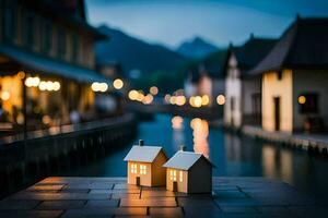 small houses on a dock in front of a river. AI-Generated photo