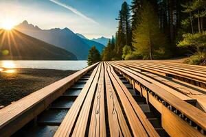 a wooden bridge over a lake with mountains in the background. AI-Generated photo