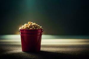 a red bucket filled with peanuts sitting on a table. AI-Generated photo