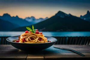 a plate of pasta with cherry tomatoes and basil leaves on a wooden table in front of a lake. AI-Generated photo