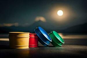 three colorful buckets sit on a table in front of a full moon. AI-Generated photo