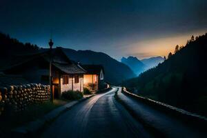 a road in the mountains at sunset. AI-Generated photo