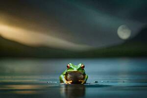 un rana sentado en el agua a noche. generado por ai foto