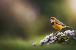 a small bird is standing on top of some flowers. AI-Generated photo