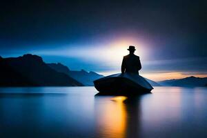 a man in a hat stands on a boat in the middle of a lake. AI-Generated photo