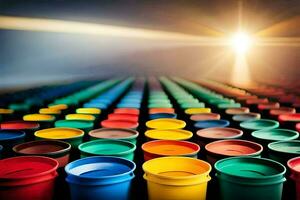 many colorful plastic cups are lined up in a row. AI-Generated photo