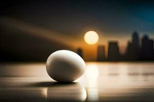 an egg sitting on a table in front of a city skyline. AI-Generated photo
