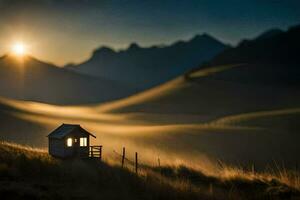 a small hut sits in the middle of a field at sunset. AI-Generated photo