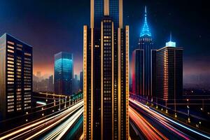 a city at night with traffic lights and buildings. AI-Generated photo