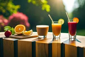 three different types of juices are sitting on a table. AI-Generated photo