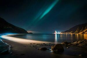 the aurora lights shine over the ocean and rocks. AI-Generated photo