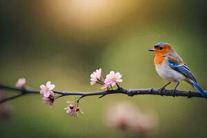 a blue bird sits on a branch with pink flowers. AI-Generated photo