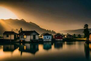 puesta de sol terminado un lago con casas y montañas. generado por ai foto