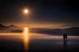 un Pareja en pie en el playa a puesta de sol. generado por ai foto