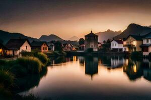 un río y casas en el montañas a puesta de sol. generado por ai foto