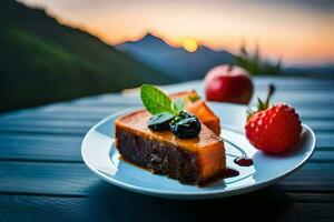 a plate of dessert with berries and a sunset view. AI-Generated photo