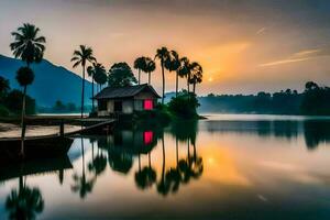 a small house on the shore of a lake with palm trees. AI-Generated photo