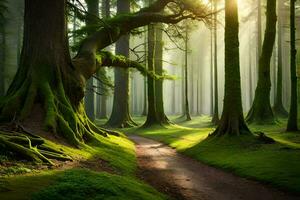 un camino mediante un verde bosque con arboles y Dom. generado por ai foto