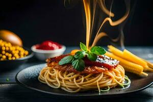 espaguetis con carne y salsa en un negro lámina. generado por ai foto
