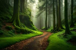 a path through a green forest with mossy trees. AI-Generated photo