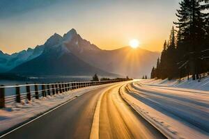 a road in the mountains with snow and sun. AI-Generated photo