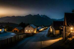 un pueblo a noche con un montaña en el antecedentes. generado por ai foto