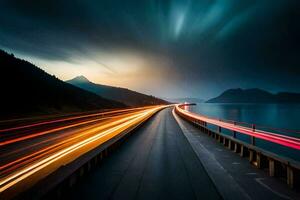 a long exposure photo of a highway with light trails. AI-Generated